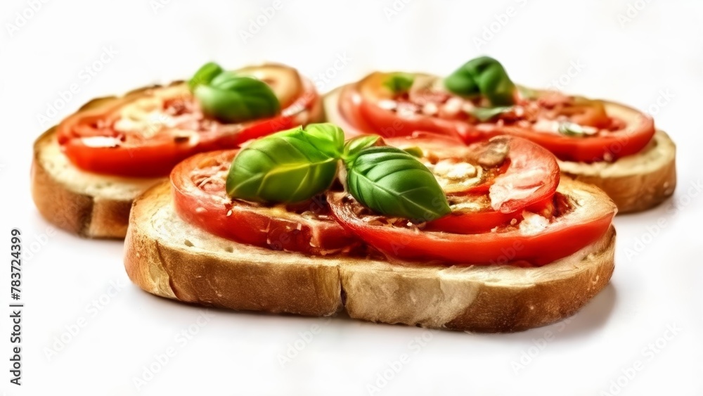 Freshly sliced tomatoes and basil on rustic bread Freshly sliced tomatoes and basil on rustic bread