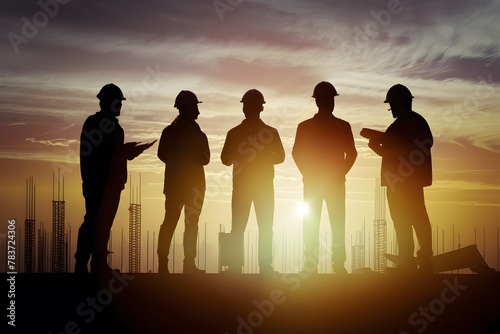 Contractor concept sunset teamwork on construction project, safety silhouette photo