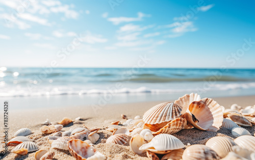 Close-up of seashells on the beach,created with Generative AI tecnology.