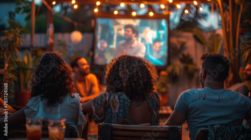 A group of friends watching a classic LGBTQ+ film at an outdoor movie night, pride month theme