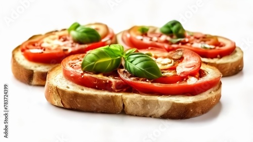 Freshly sliced tomatoes and basil on rustic bread