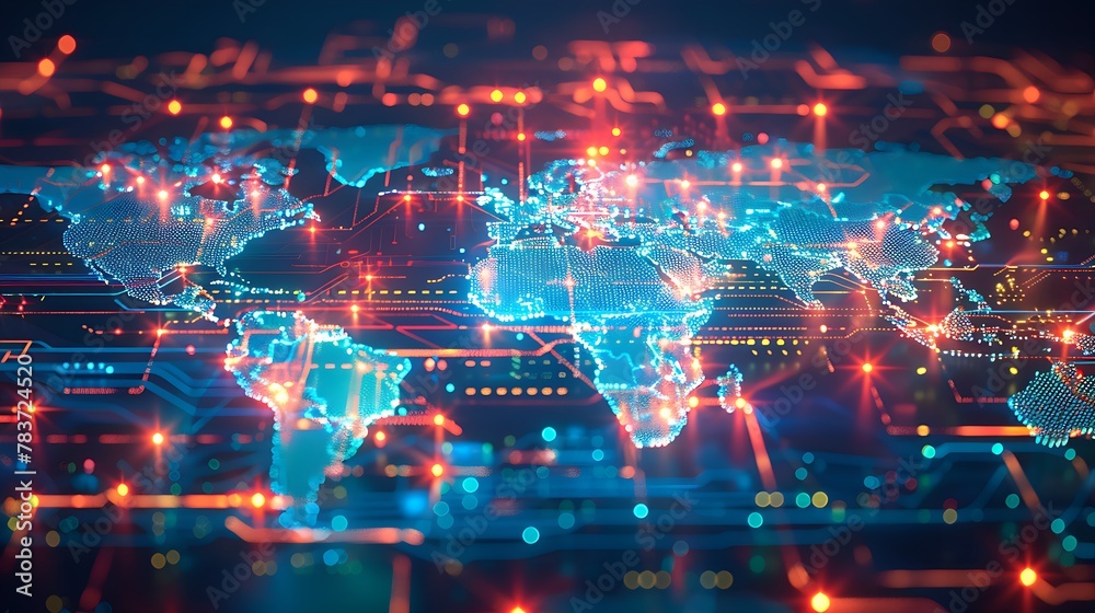 Glowing Printed Circuits World Map on Computer Chip: Global Connectivity, Technology and Data Transfer