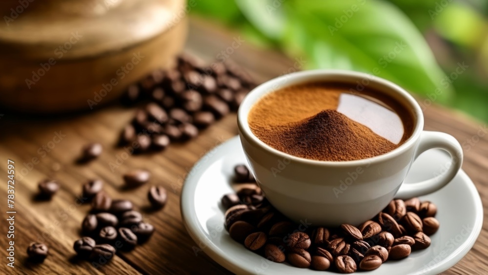Aromatic coffee beans and a freshly brewed cup perfect for a cozy morning Aromatic coffee beans and a freshly brewed cup perfect for a cozy morning