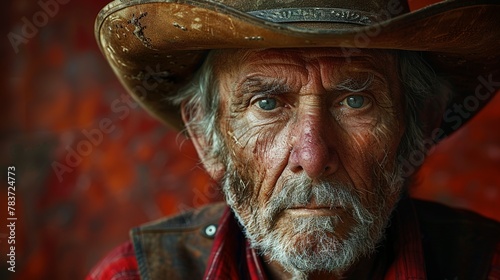 Hombre mayor con sombrero vaquero, retrato cowboy anciano con mirada expresiva photo