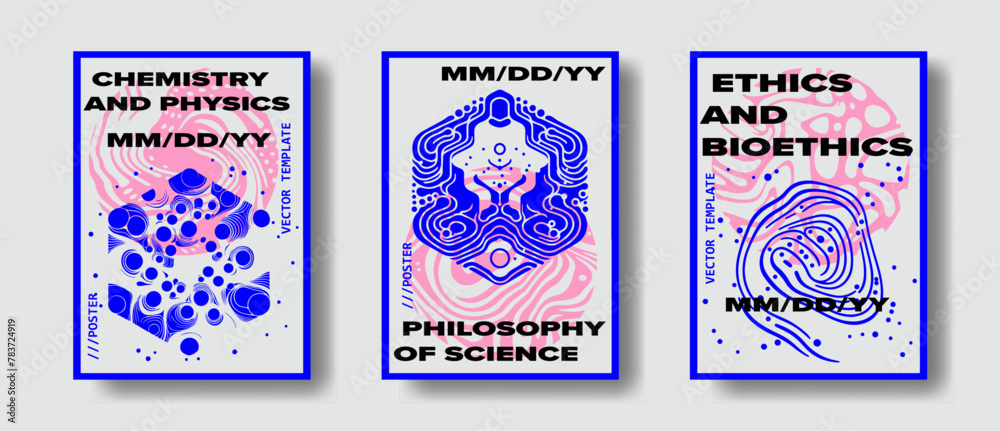 Abstract futuristic posters with organic-like complex shapes. Set of science-themed covers and flyers. 