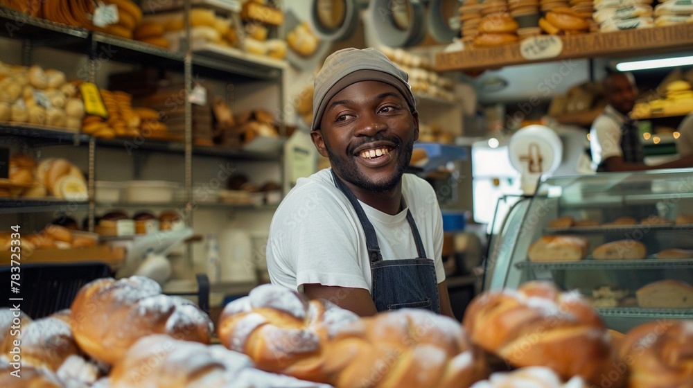 Black man working in a bakery, smiling baker Black man working in a bakery, smiling baker