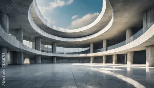 Empty abstract architecture building in minimal concrete design with open space floor courtyard white podium and curved walls museum plaza as wide display showroom mockup environment background
 photo