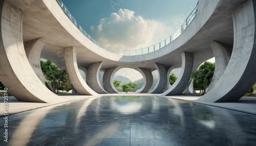 Empty abstract architecture building in minimal concrete design with open space floor courtyard white podium and curved walls museum plaza as wide display showroom mockup environment background
