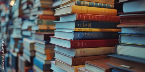 Stack of textbooks organized by subject, close-up, neat arrangement, soft light