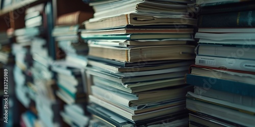 Stack of textbooks organized by subject, close-up, neat arrangement, soft light  photo