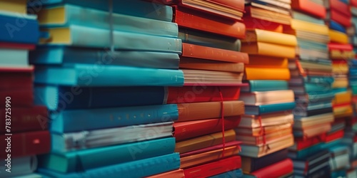 Stack of textbooks organized by subject  close-up  neat arrangement  soft light 