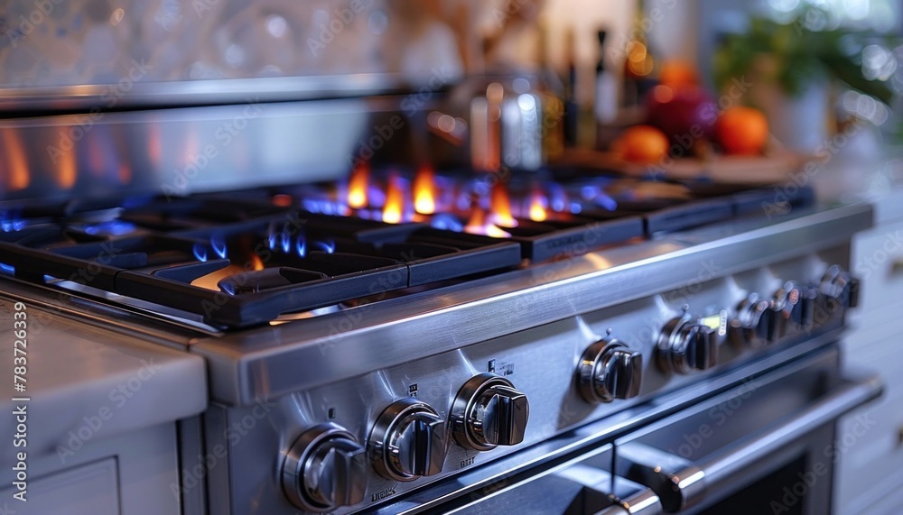 A gas stove with flames for cooking in the kitchen A gas stove with flames for cooking in the kitchen