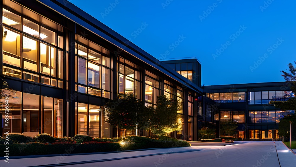 Obraz premium Night time Front view of a Shopping mall with glass windows and glass doors giving a very unique view