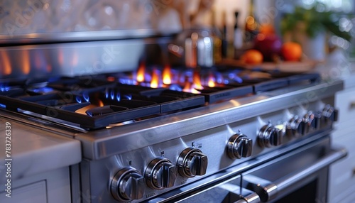 A gas stove with flames for cooking in the kitchen