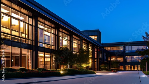 Night time Front view of a Shopping mall with glass windows and glass doors giving a very unique view