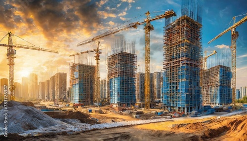 generic under construction site as mega residential towers complex for apartments or flat investment in real estate and infrastructure projects, wide banner with info datum
 photo