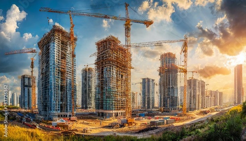 generic under construction site as mega residential towers complex for apartments or flat investment in real estate and infrastructure projects, wide banner with info datum
