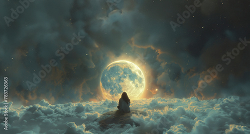 A lone dreamer sits on the verge of a hovering earth fragment, overlooking a giant lunar sphere amidst the clouds in broad daylight