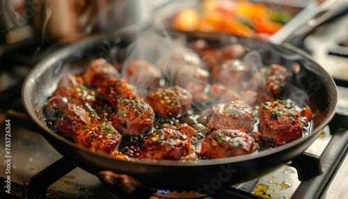 Meatballs sizzle in a pan on stovetop, cooking until golden brown