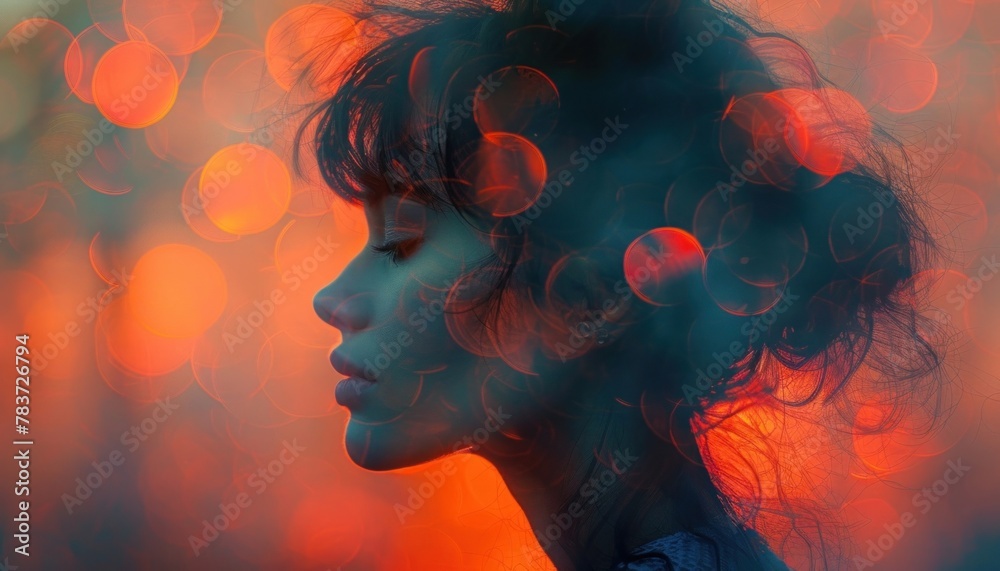A double exposure of a womans face in an electric blue sky