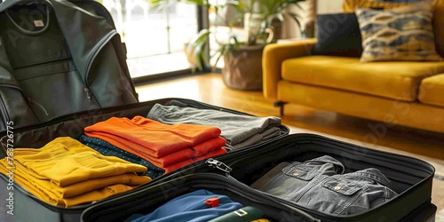 Luggage open with neatly packed clothes, close-up, efficient space use
