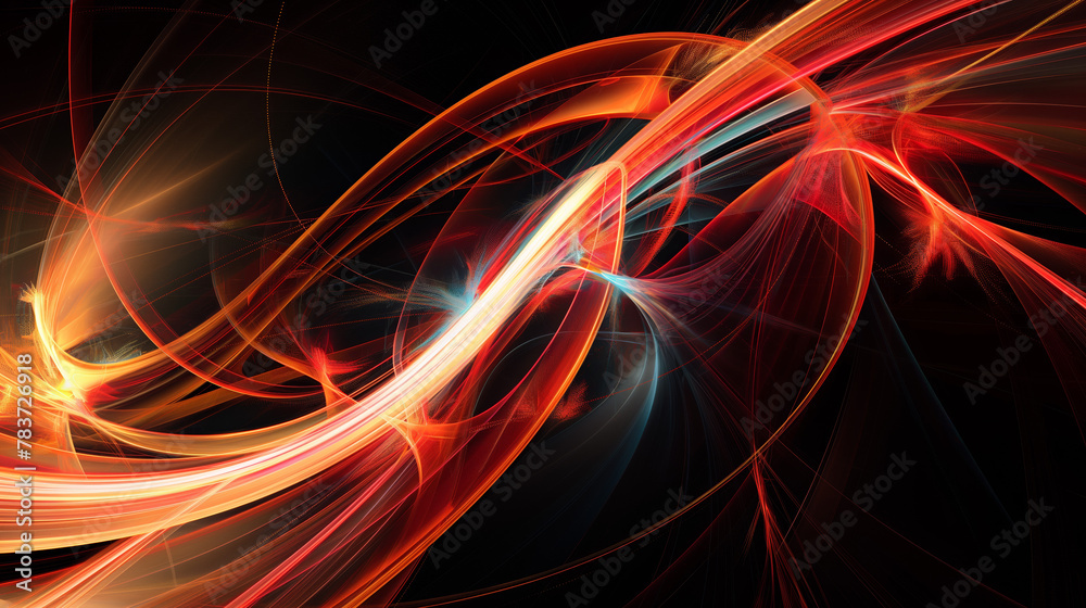 This digital art showcases dynamic waves of light in vibrant red and orange hues, creating a sense of energy and movement