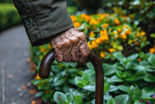 Elderly Hand Holding Cane in Garden