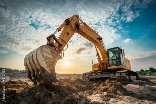 Excavator digging dirt on construction site photography photo