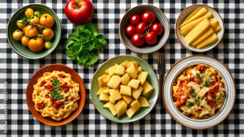  A feast of fresh produce and pasta on a classic checkered tablecloth