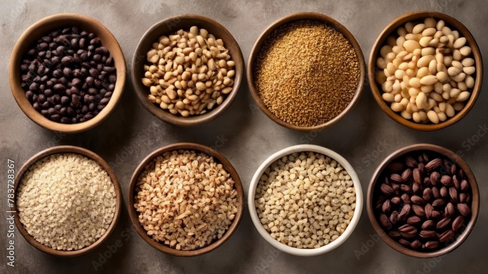  Variety of grains and seeds in bowls