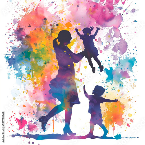 Multicolored silhouettes of women with her children. Watercolor colorful illustration with splashes.
