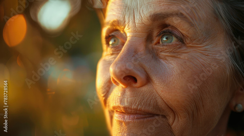 Close-up of a smiling senior elderly woman's calm and kind face with sunlight shining on the face against a warm background created with Generative AI Technology © AstraNova
