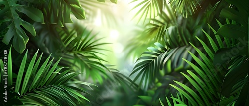 Tropical jungle with lush green leaves  sunlight filtering through. Exotic forest with palm trees wallpaper