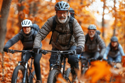 Group of People Riding Bikes Through a Forest