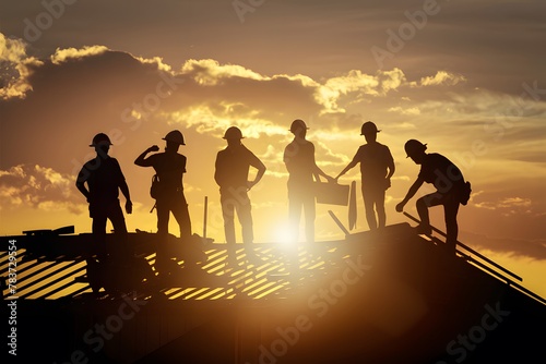 Photo Silhouette construction workers on building roof  showcasing labor