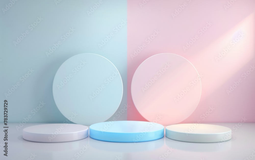 3D render Minimal scene with podium and abstract background. Pastel colors with Geometric shapes interior cosmetic product show. blue ,pink, green , and white