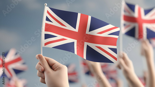 A 3D rendering character's hand joyfully holding the United Kingdom flag