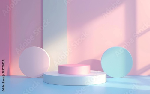 3D render Minimal scene with podium and abstract background. Pastel colors with Geometric shapes interior cosmetic product show. blue  pink  green   and white