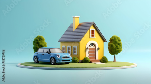 A 3D rendering featuring a cartoon-style car driving towards a welcoming home with an open door,