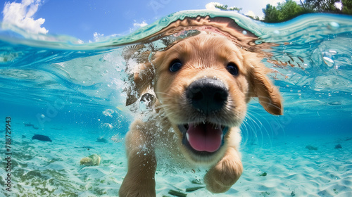 A cute golden retriever puppy swimming in the clear water of an American lake, with its tongue hanging out and big eyes looking at you happily. The clear blue sky, natural scenery, and sunny day. 