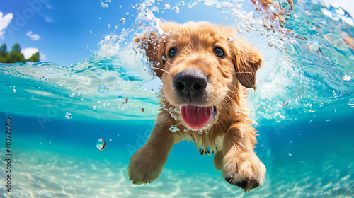 A cute golden retriever puppy swimming in the clear water of an American lake, with its tongue hanging out and big eyes looking at you happily. The clear blue sky, natural scenery, and sunny day. 