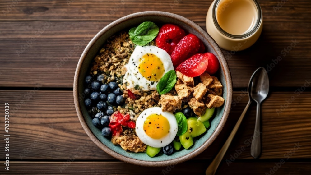 Delicious breakfast bowl with fresh fruits and eggs Delicious breakfast bowl with fresh fruits and eggs