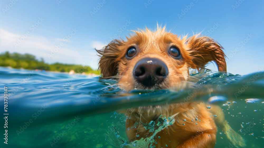 A cute golden retriever puppy swimming in the clear water of an ...