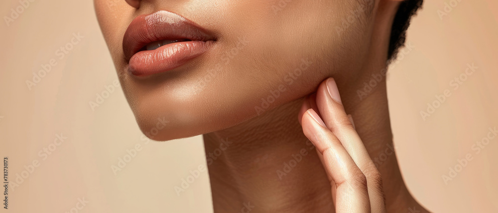 Close-up of woman's face, chin, beautiful lips and neck with touch on ...