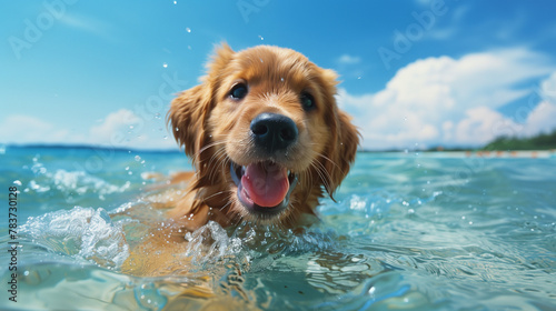 A cute golden retriever puppy swimming in the clear water of an American lake, with its tongue hanging out and big eyes looking at you happily. The clear blue sky, natural scenery, and sunny day. 