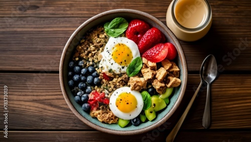  Delicious breakfast bowl with fresh fruits and eggs