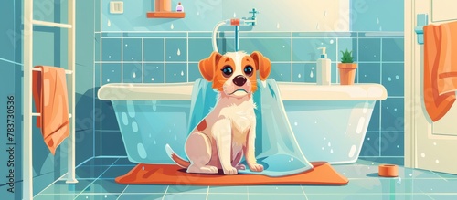 Small, cute dog being dried with a towel in a cozy indoor bathroom setting photo