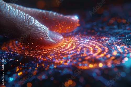 A conceptual close-up of a fingertip touching a digital surface, representing biometric identification through a glowing digital fingerprint. photo