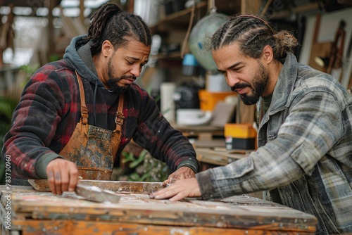 Two artisans focus intently as they work together on restoring old furniture  surrounded by the creative chaos of a woodworking studio.