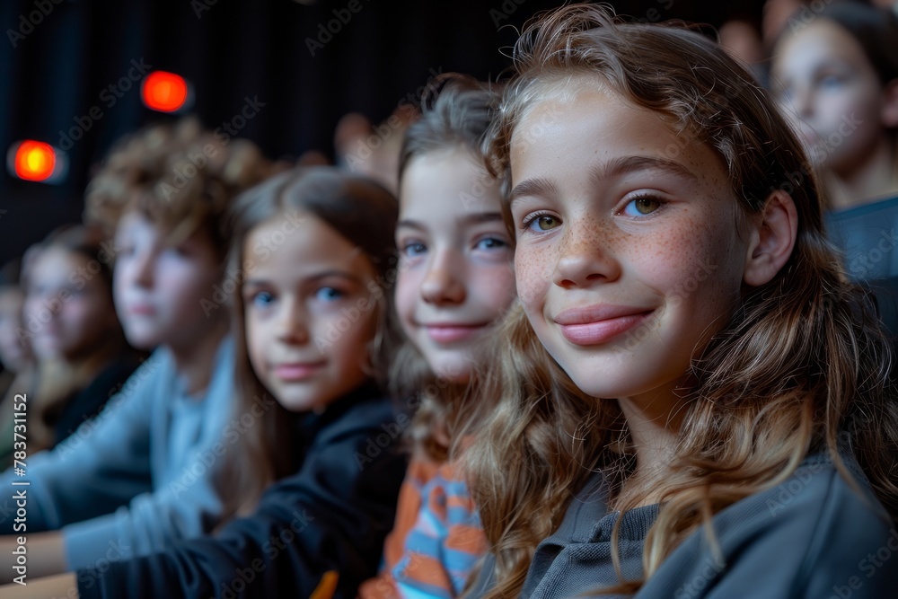 A group of young friends in an auditorium, with one girl in focus, smiling as they enjoy an event or performance. A group of young friends in an auditorium, with one girl in focus, smiling as they enjoy an event or performance.